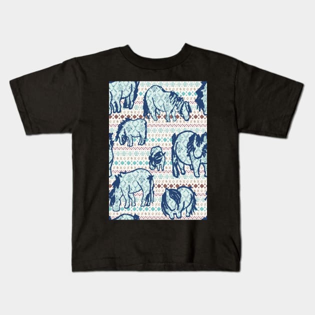 Fairisle Shetland Ponies - Blue Kids T-Shirt by Juliewdesigns